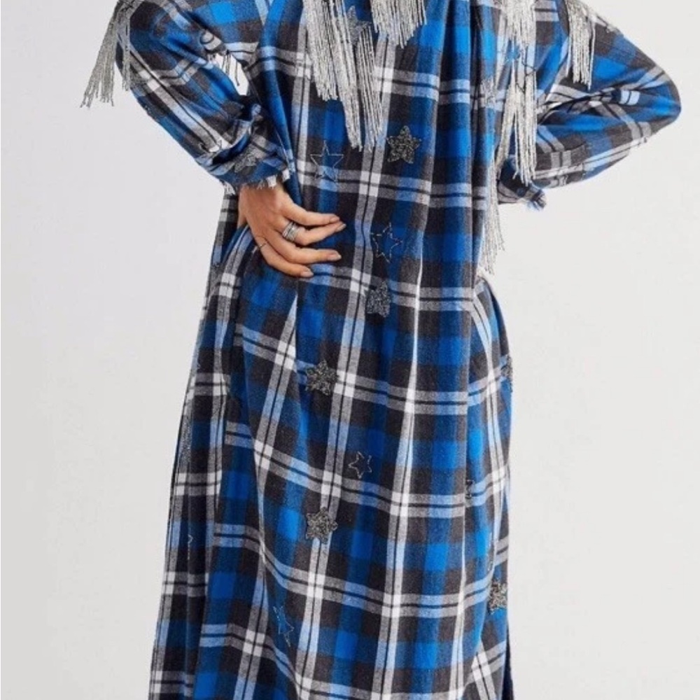 Free People We the Free Heavenly Plaid Fringe Sequin Star Jacket Duster Small